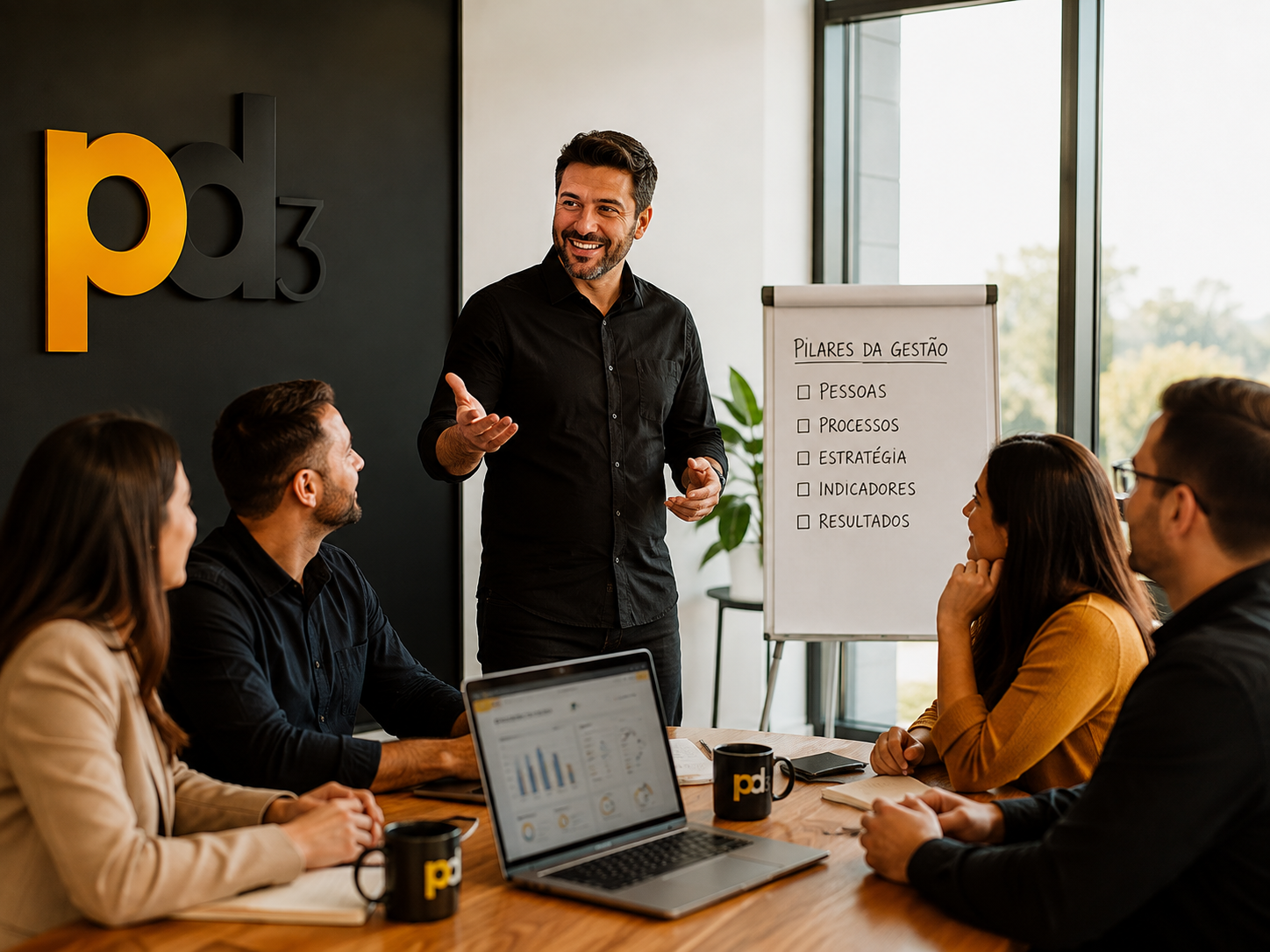 Fundador da Pd3 apresentando os pilares da gestão para a equipe
